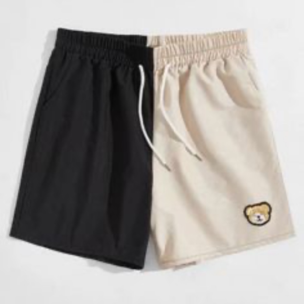 Romwe Teddy Bear Patch Colorblock Shorts Ivory Black Drawstring-Medium